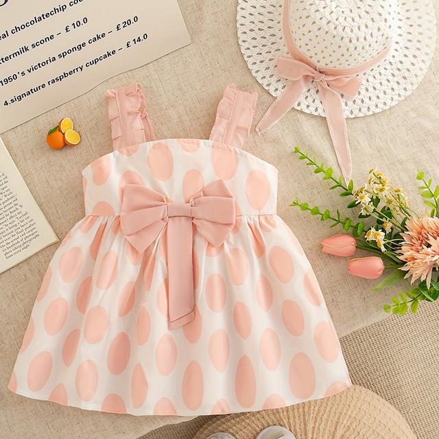 TEMU 2pcs Set Of ' Sweet Pink Polka Dot Bow Sleeveless Dress And Hat, ' Sweetheart Outfit