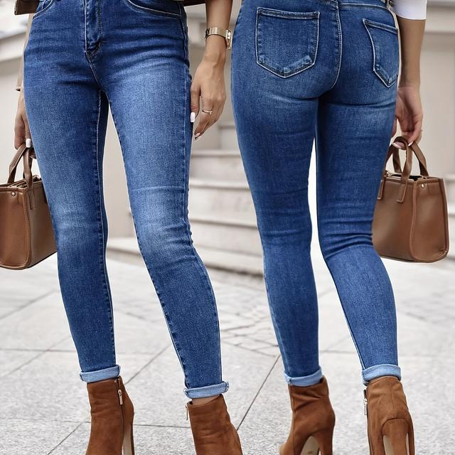 TEMU Plus-Size Damen Stretch Jeans - Hochtaillierte Slim-Fit Hellblaue Hosen mit integriertem Reißversluss, Ganzjahreskomfort für Arbeit & Freizeitzwecke – Elegante Casual-Hose (Maschenwaschgerecht)