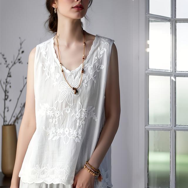 TEMU Meisjes' Pure Katoenen Geborduurde Losse Vest, Past voor 14-16 Jaar, voor Tieners