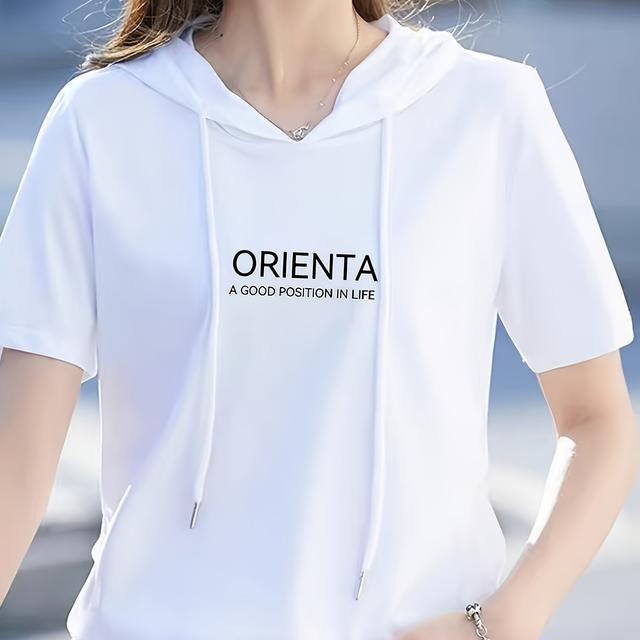 TEMU Summer New Korean Version Loose Short Sleeve Thin Trendy Printed Hooded T-shirt Casual Drawstring Loose Short Sleeve Shirt For Women Regular