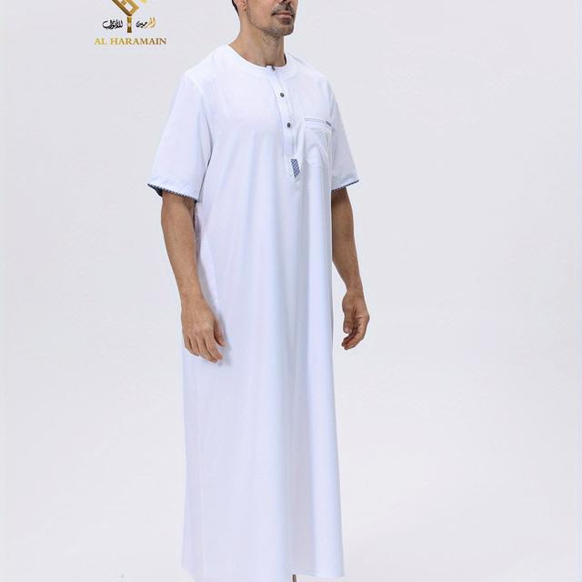 TEMU Al 2025 New Fashion Easy Casual Arabic Men's Long Robe With Short Sleeves, Elegant Arabic Robe For Men - Soft Long Sleeve Garment, Machine Washable, Suitable For