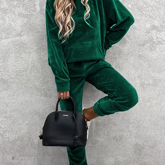 TEMU Solid Color Casual 2 Piece Set, Kangaroo Pocket Hooded Sweatshirt & Fitted Bottom Pants Outfits, Women's Clothing