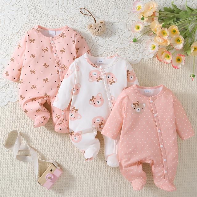 TEMU 3pcs Baby Girls' Romper Set - Cute Cartoon Printed, Soft & Comfortable, , Regular Fit With Matching Shoes, For Outdoor