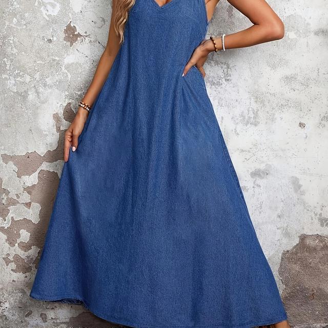 TEMU Women's Elegant Backless Strapless Denim Dress - Machine Washable Casual To Formal Wear, Solid Color Versatile Style, Jeans Dress, Evening Wear, Backless Fashion, Sophisticated Tailoring