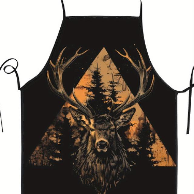 TEMU Adjustable Deer Cooking Apron – Vintage Style, Polyester, Black With Autumnal Stag Design, Pockets For Kitchen Tools, Hand Washable