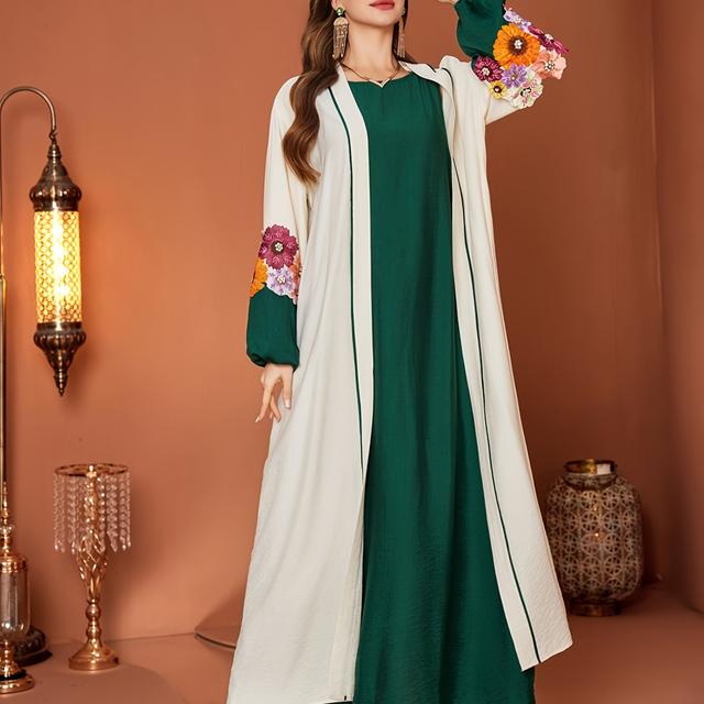 TEMU 5252 Color Block Embroidered Flower Middle Eastern Comfortable Cardigan With Inner Set