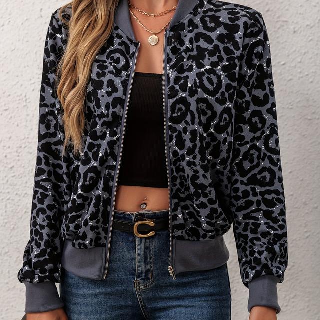 TEMU Reißverschlussjacke mit Leopardenmuster, lässige Bomberjacke mit langen Ärmeln für Frühling und Herbst, Damenbekleidung