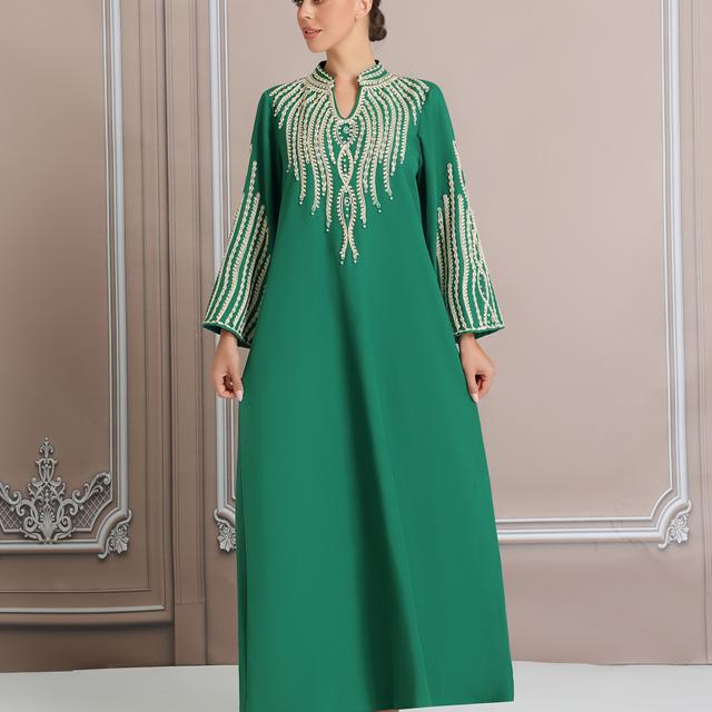 TEMU Robe Kaftan Verte Élégante Grande Taille avec Broderie Dorée - Style Moyen-Oriental, Manches Longues, Coupe Maxi Jalabiya Abaya pour Femmes