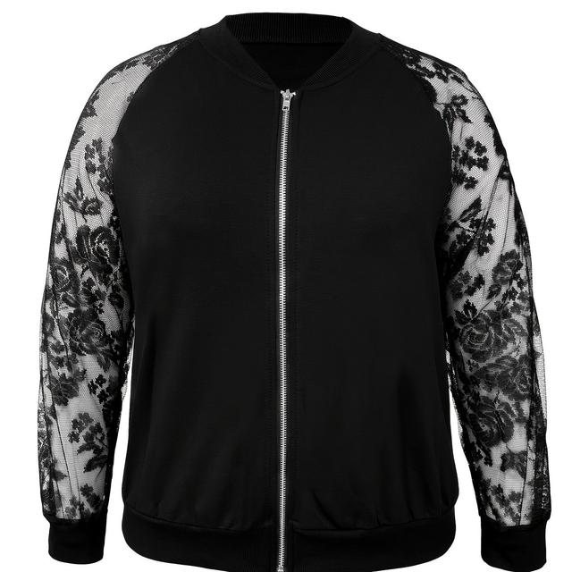 TEMU in Übergröße mit einfarbigem Blumenmuster und Spitzennähten, lässige Jacke mit Reißverschluss vorne und Ärmeln für Herbst und Winter, Damenkleidung in Übergröße