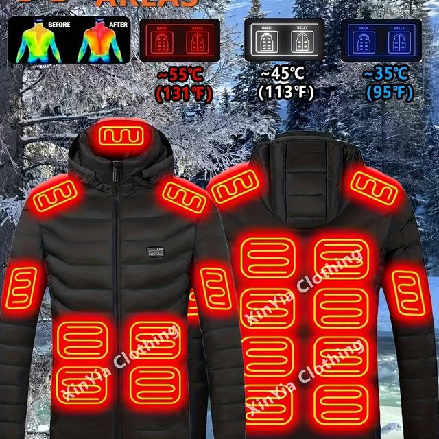 TEMU Men's Thermal Insulated Winter Jacket With 15 Heat Zones & System - Usb-powered Heating System, Full-zip Hooded Coat, Full-zip Closure