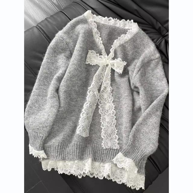 TEMU 女性用コージーウェーター、ホワイトレースリボンディテール付き - Vネック、長袖、ゆったりフィット、秋冬に最適、カジュアル＆スウィートスタイル、カジュアルウェア|Vウェーター|レーストリムスウェーター