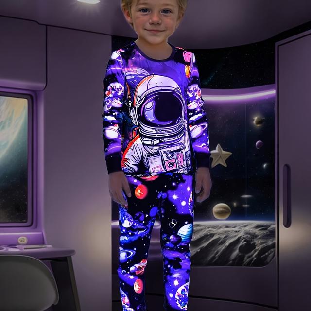 TEMU Flame-retardant Boys' 2pcs Pajama Set With Luminous Effect, Featuring An Astronaut Print On Long-sleeved Tops And Long Pants, Under Ultraviolet Light (1615).