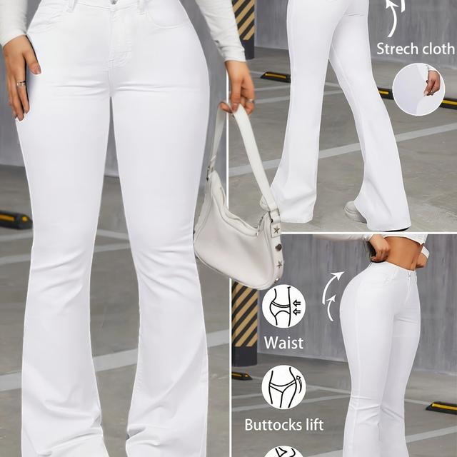 TEMU Women's High-waist Stretch Denim Flare Jeans - Slim Fit, Button Closure, Long Length, Casual Wear, White, High Waisted Jeans