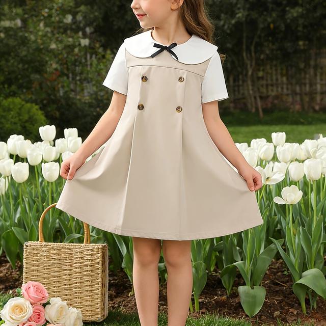 TEMU Back-to- Girls' Dress, Cute Casual Fake Button Bow Navy Collar Short Sleeve Dress For And Parties, Spring And Summer Gift