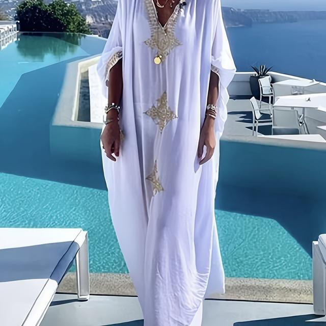 TEMU Plus Size - Plus Size Golden Embroidered Long Robe, Comfortable Loose Beach Cover-up Dress, Long Skirt.