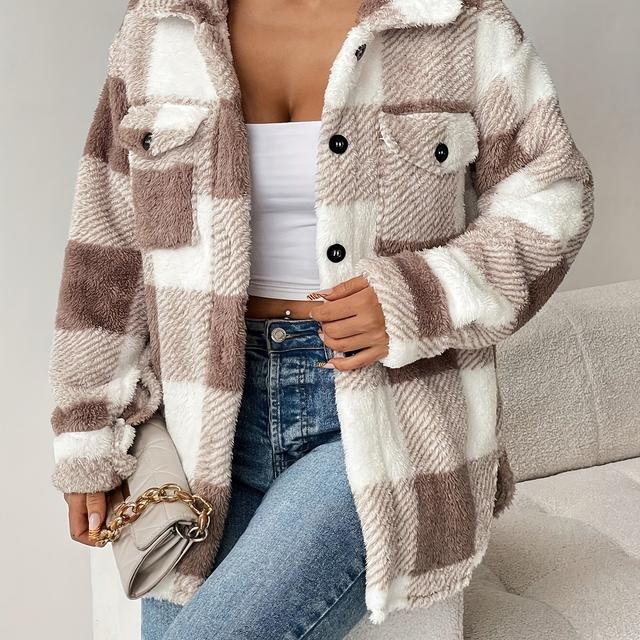 TEMU Laza Stílusú Leengedett Vállú Plüss Kabát Mintás Zsebekkel, Őszi Öltözet Bagoly