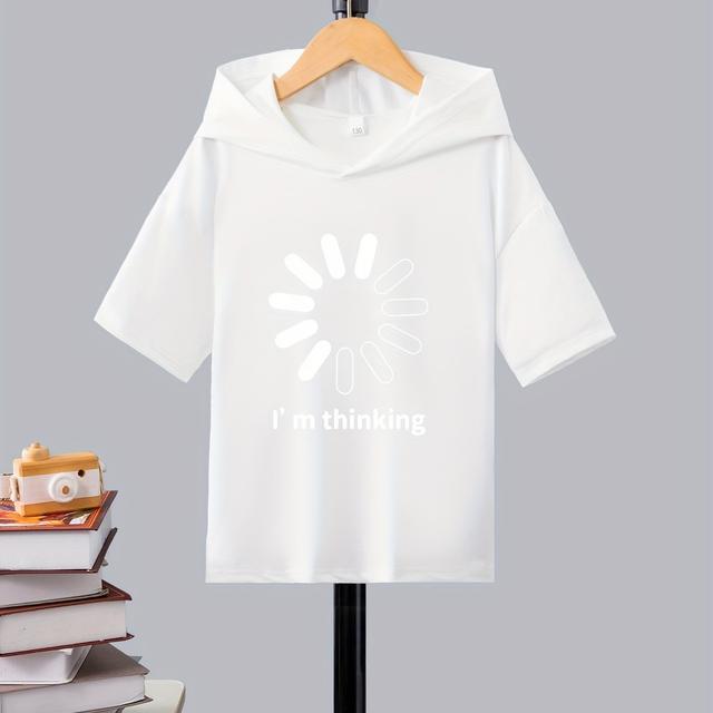 TEMU Boys' Trendy Fashion Functional Fabric Sweat-absorbent, Quick-drying, Anti-pilling, Breathable, Cartoon Letter Loading Thinking Print Sports Short Sleeve T-shirt Hooded Top