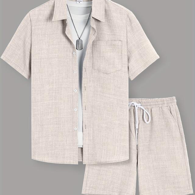 TEMU Men's Casual Suit Summer Short Sleeve Single Patch Pocket Button-up Shirt With Drawstring Slant Pockets Shorts 2pcs Set