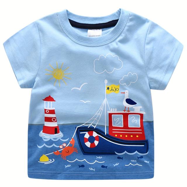 TEMU Boys' Cartoon Short Sleeve T-shirt | Summer New Lighthouse And Boat Print, Comfortable, For Kids