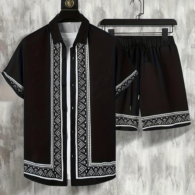 TEMU Herren-Zweiteiler-Set aus einem lässigen Kurzarm-Knopfhemd und Hose mit Kordelzug, perfekt für den Sommer.