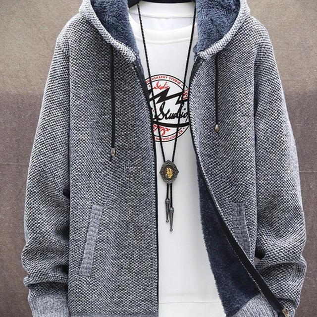 TEMU Chaqueta de suéter gruesa casual para hombre, color liso, con capucha, para las tendencias de otoño e invierno de 2025