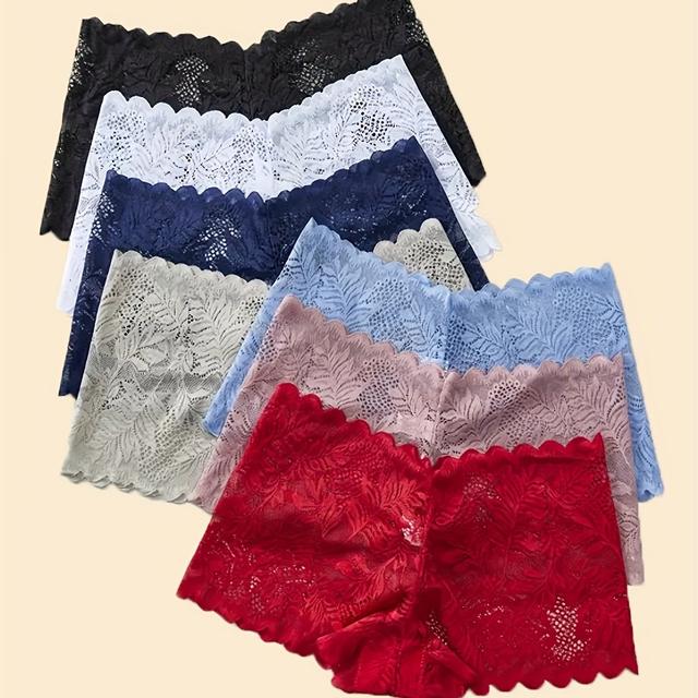 TEMU Women's Lace Boyshort Panties - Pack Of 7, Polyamide And Elastane , Sexy Solid Color With Lace Detail, Knit Fabric, Stretch Underwear