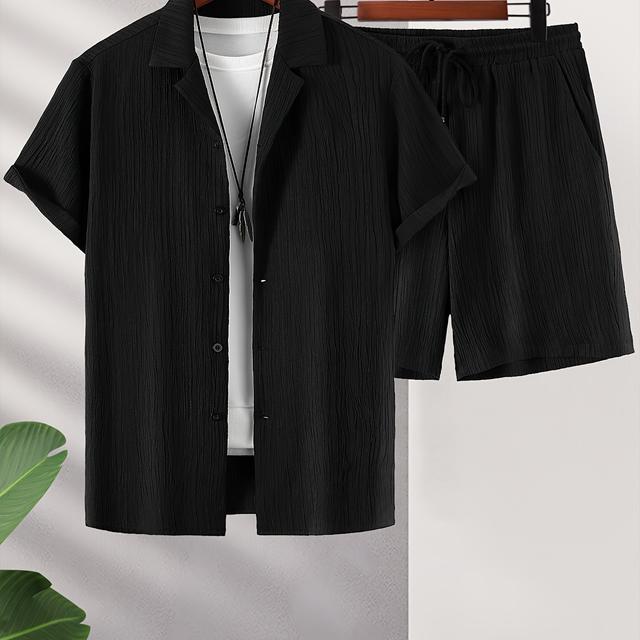 TEMU Men's Plus Size Black Casual Short Sets - Comfortable Travel Short Sleeve & Shorts Combo, Button-up, Regular Fit, Summer Wear, Casual Attire|buttonup Shorts|polyester