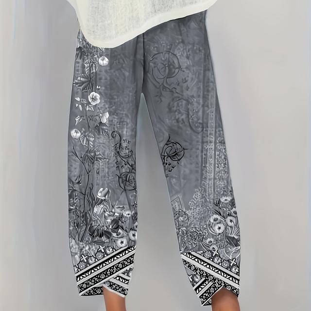 TEMU Women's Plus Size Floral Print Wide Leg Cropped Pants - Lightweight Polyester, Casual Style With Decorative Border, Relaxed , Relaxed Fit Pants | Floral Print Cropped Pants | Glossy Finish Pant