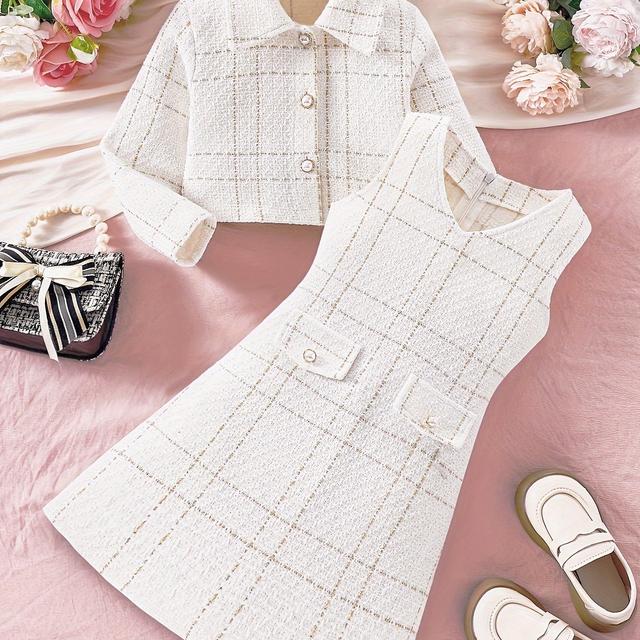 TEMU Elegant Girls' Autumn Fashion Set: Chic Long Sleeve Jacket With & Collar, With Zip-up Sleeveless Dress - Ideal For Daily , Stylish & , Outdoor