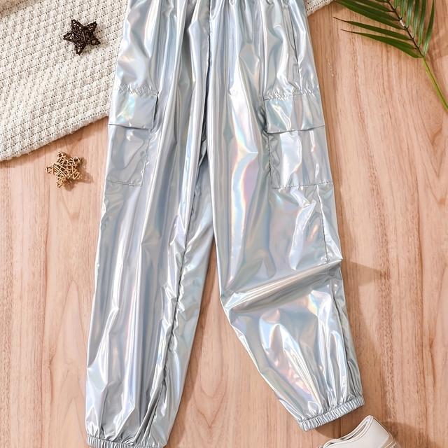 TEMU Pantalones cargo holgados plateados de moda para niñas, modernos y con bolsillo, ideales para actividades al aire libre