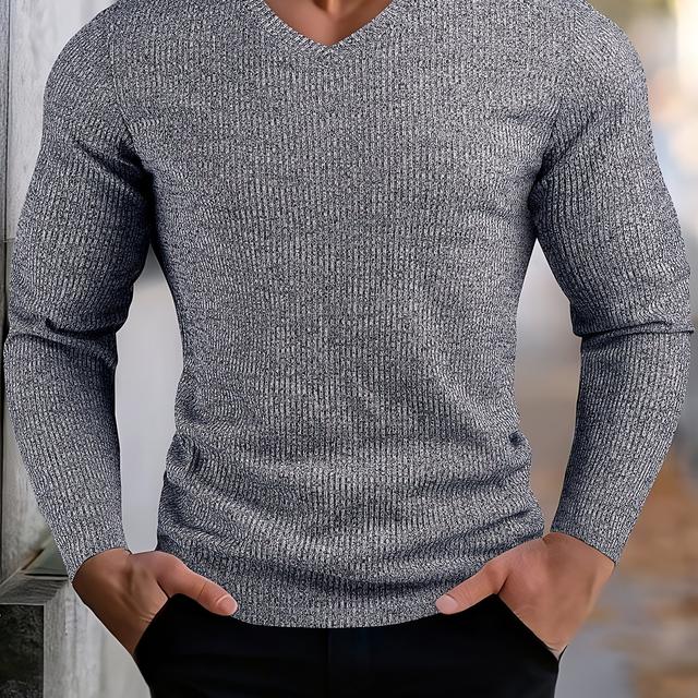 TEMU Herren Texturiertes Farbblock Rippen Minimalistisches V-Ausschnitt Langarm Outdoor Sportoberteil