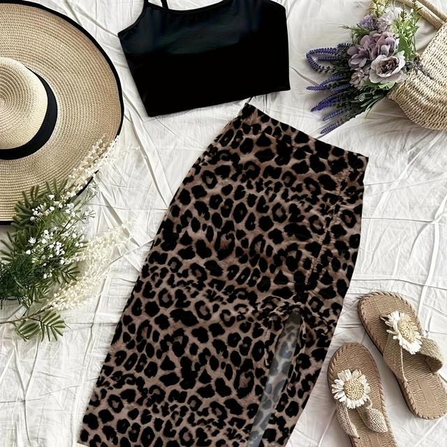TEMU Casual Wakacyjny Czarny Jednokolorowy Top z Cienkimi Ramiączkami i Spódnica w Leopardzie z Wysokim Rozcięciem – Damski Dwuczęściowy