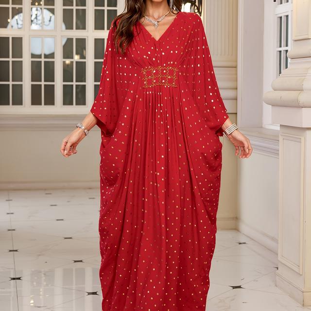 TEMU Edolynsa V-neck Elegant Red Waist-cinched Side Ruched Polka Dot Long Batwing Sleeve Beach Dress, Middle Eastern Style Loose Kaftan Robe Q1804