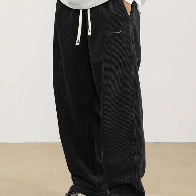 TEMU Men's Corduroy Straight-leg Pants With An Elastic Waistband And Drawstring, Stylish And Casual For Spring And Autumn.
