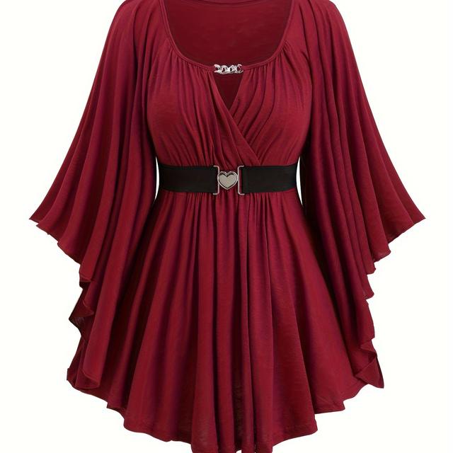 TEMU Plus Size - Plus Size - European And Women's Clothing Autumn And Winter New Plus Size Irregular Hem Solid Color Love Heart Belt Decor Long Sleeve Top