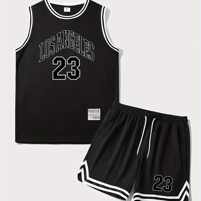 TEMU Conjunto De 2 Piezas Para Hombre Con Estampado Digital De LOS ÁNGELES, Camiseta Sin Transpirable De Baloncesto Y Pantalones Cortos A Rayas Con Cordón Y Bolsillos, Ideal Para El Verano Al