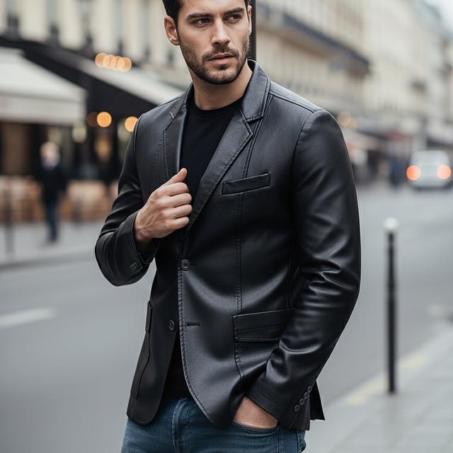 TEMU Men's High-quality Pu Leather Jacket, Classic Lapel Single-breasted Suit Coat, Vintage British Style For Work And Dating, Formal Wear