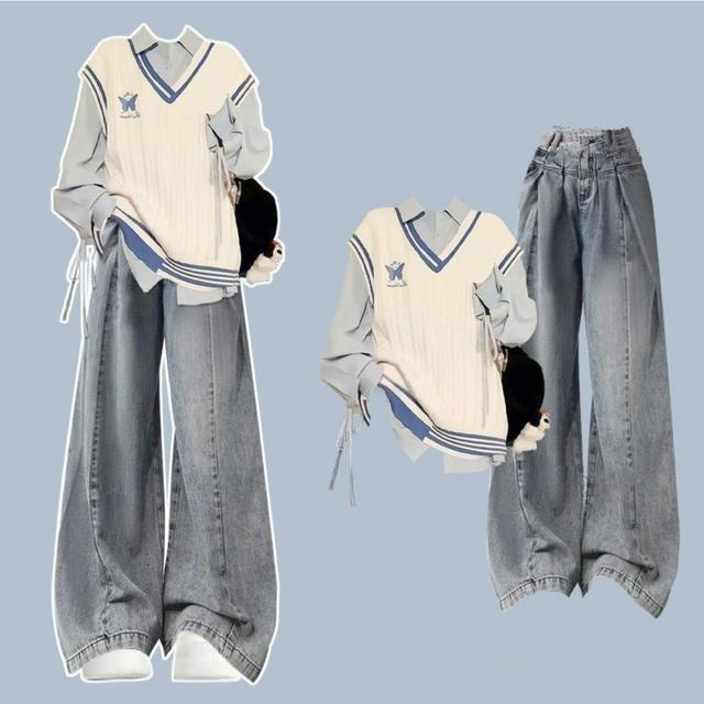 TEMU 2025年秋の新作コリアンスタイル：ベスト、長袖シャツ、ブラックワークパンツのスセット