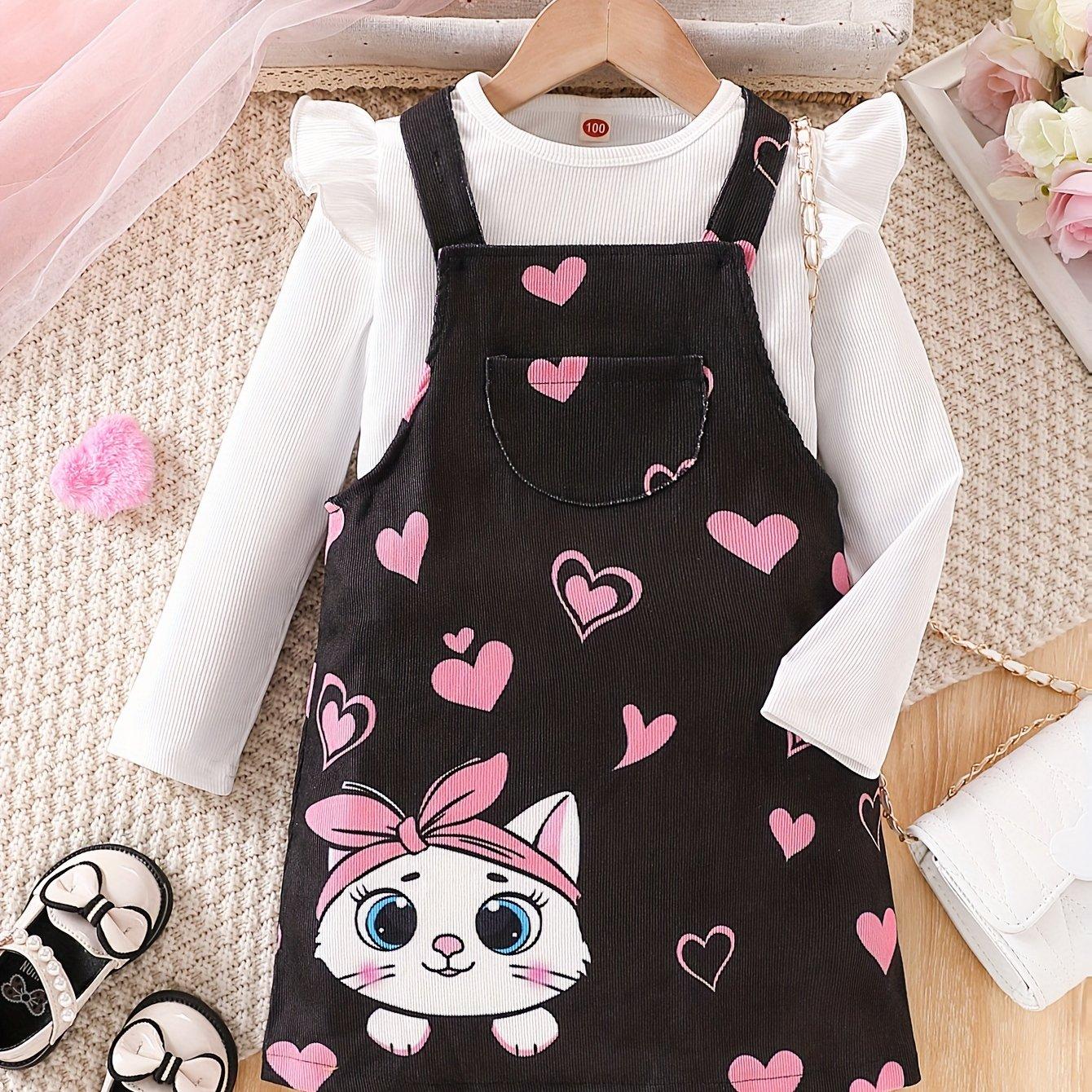 TEMU Two-piece Girls' Ruffle Sleeve Top And Heart Cartoon Cat Print Suspender Dress, Perfect For Outdoor