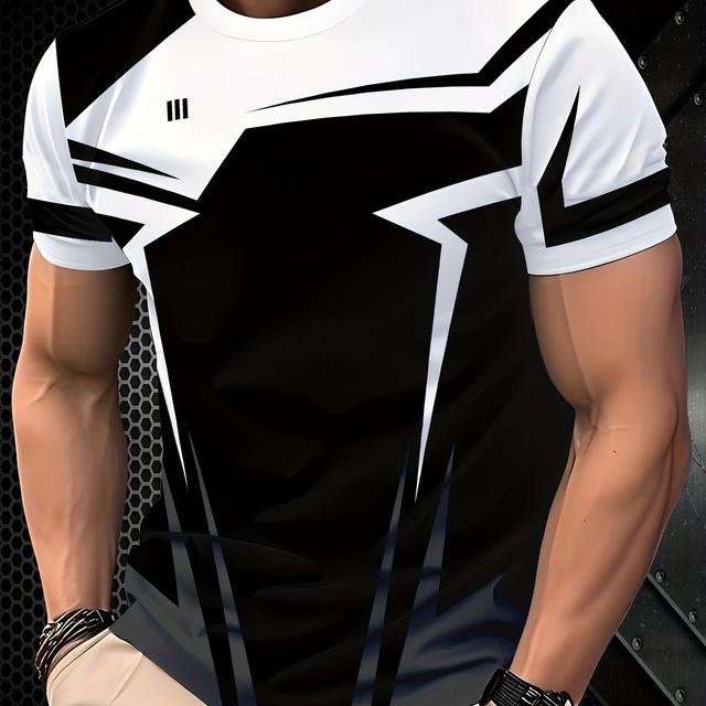 TEMU Men's 3d Printed Short Sleeve T-shirt - Stylish Black And White , Lightweight Polyester Fabric, Regular Neck For Casual Wear, Modern Apparel | Geometric Pattern Shirt | Lightweight Tshirt