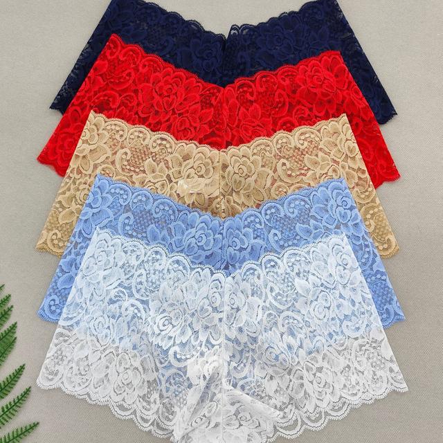 TEMU 5-pack Women's Floral Sexy Stretch Semi-sheer Lace Briefs, Breathable Lightweight, Elegant Solid Color Underwear,