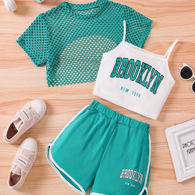 TEMU Conjunto deportivo de 3 piezas para chica: camisola con + top de malla para cubrir + pantalones cortos, para verano y exteriores, para actividades al aire libre