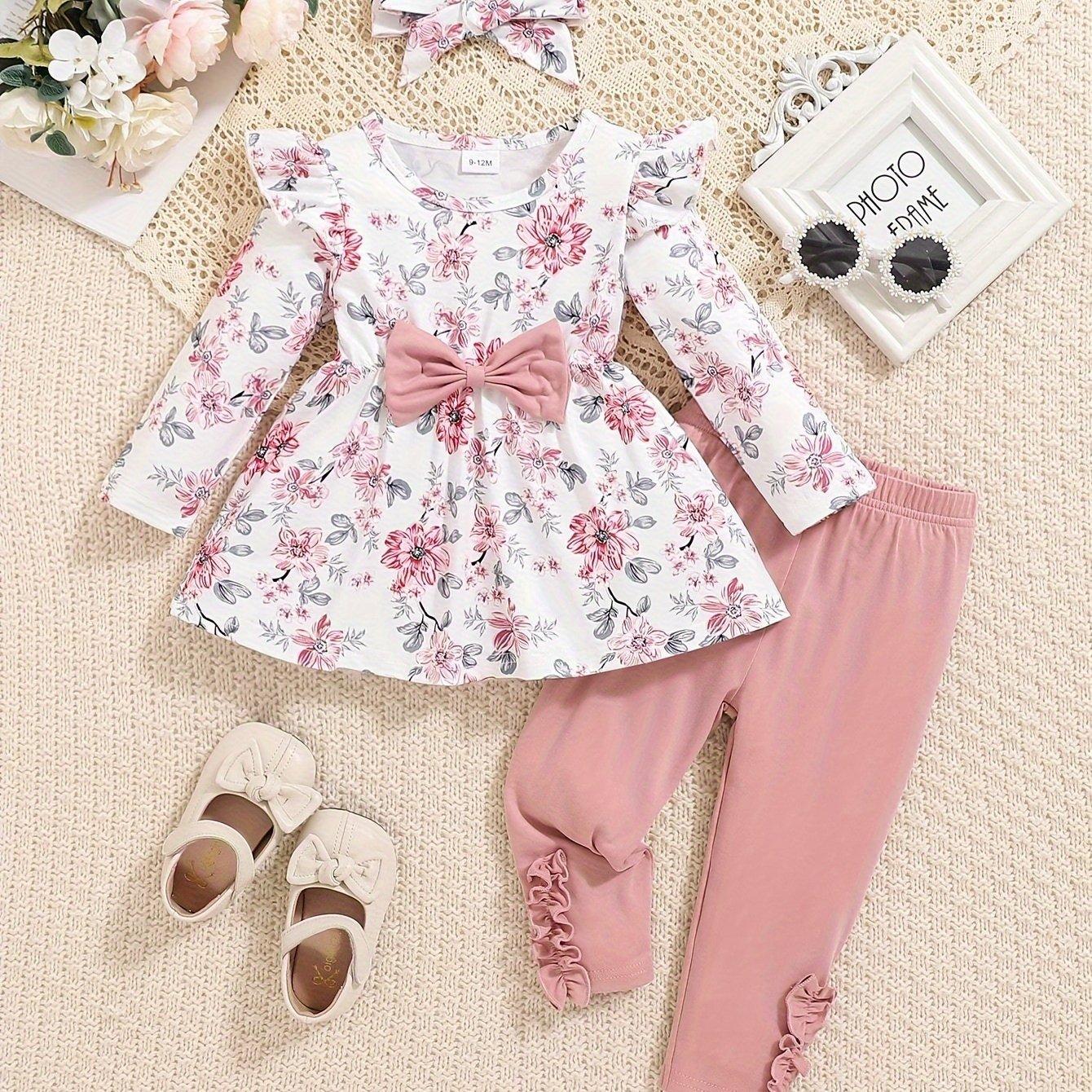 TEMU 3pcs Girls' Set, Autumn/winter Doll-style Printed Long-sleeve Top, Caramel-colored Solid-colored Pants, Cute Casual Daily Leggings, Perfect For Outdoor