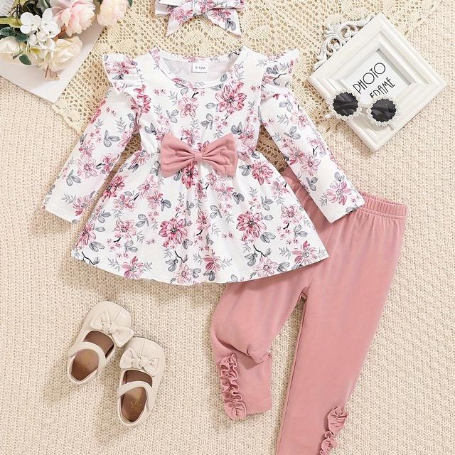 TEMU 3pcs Girls' Set, Autumn/winter Doll-style Printed Long-sleeve Top, Caramel-colored Solid-colored Pants, Cute Casual Daily Leggings, Perfect For Outdoor