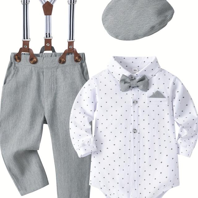 TEMU بدلة تكسيدو للأولاد مع قبعة وحمالات