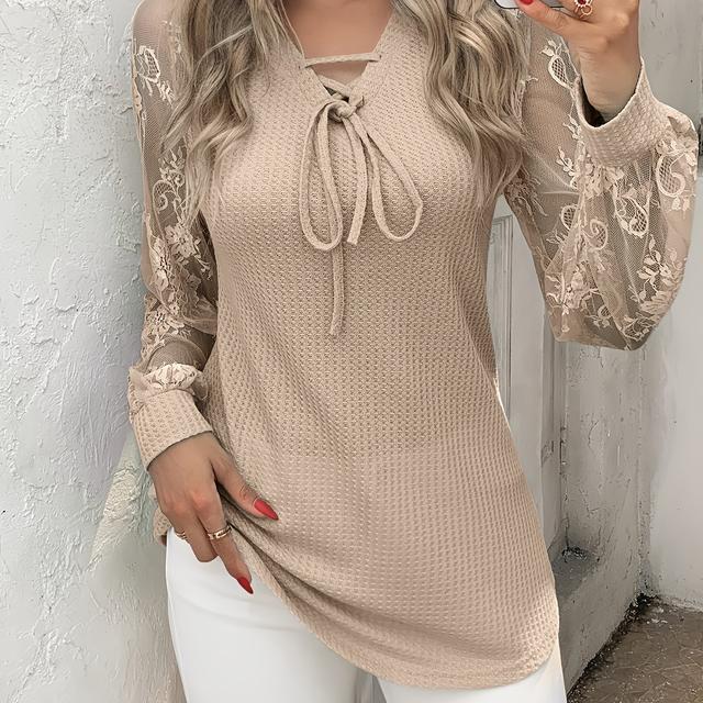 TEMU Women's Elegant Lace Trim Blouse - Long Sleeve Maxi Length Tunic Top With Semi-sheer Panel, Machine Washable Collar Shirt For Spring Summer Fall, Casual & Formal Wear (solid Color Lace)