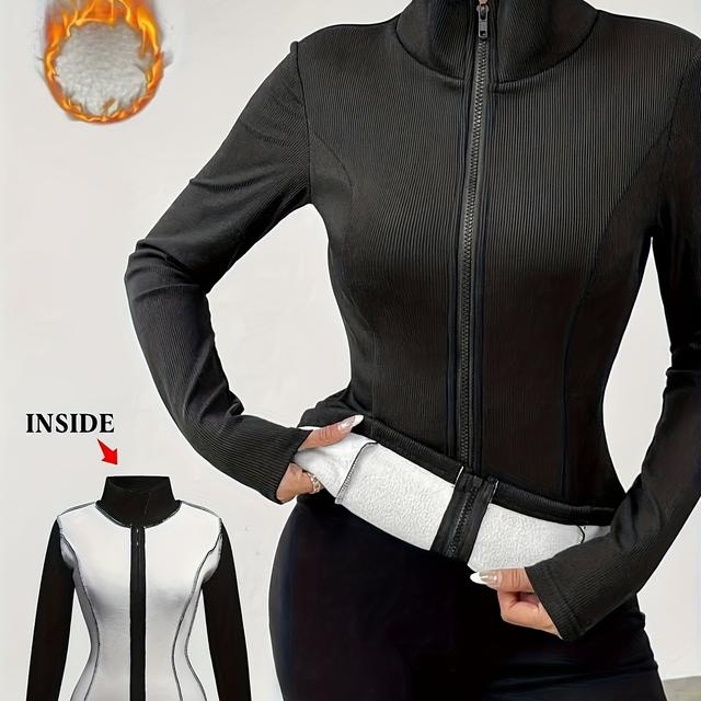 TEMU Dámská teplá a silná bunda na zip s vysokým límcem, ideální na podzim a zimu, navržená pro pohodlí , s rukávy bez fleecu.