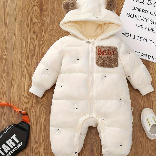 TEMU Baby Autumn And Winter Fleece-lined Warm One-piece Clothes For Baby Boys And Girls, Solid Color Embroidered Chinese-style Snow Suit, Cute And Fashionable Outerwear, For Outdoor