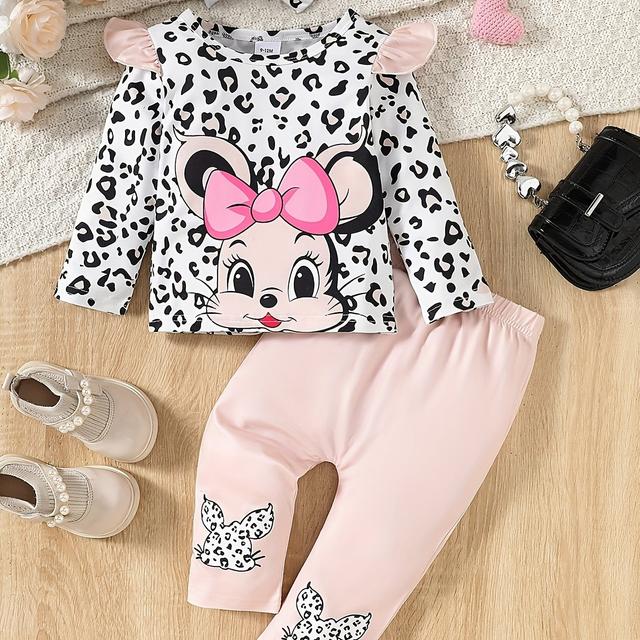 TEMU Conjunto de 3 piezas para bebé niña europea y americana, con estampado de leopardo, dibujos animados, ratón , abullonadas, pantalones con estampado y bufanda, para uso al .