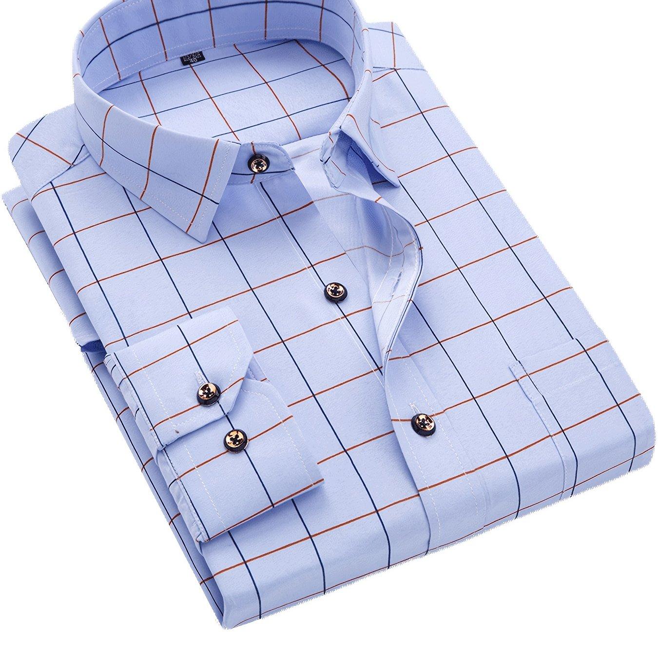 TEMU Men's Shirt Plaid Print Trend Korean Version Slim Fit Floral Shirt, Long Sleeved Casual Thin Shirt Business Formal Wear